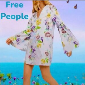 Free People Dress Lover Of Mine Boho Retro Tropical Floral Bell Sleeve NWOT